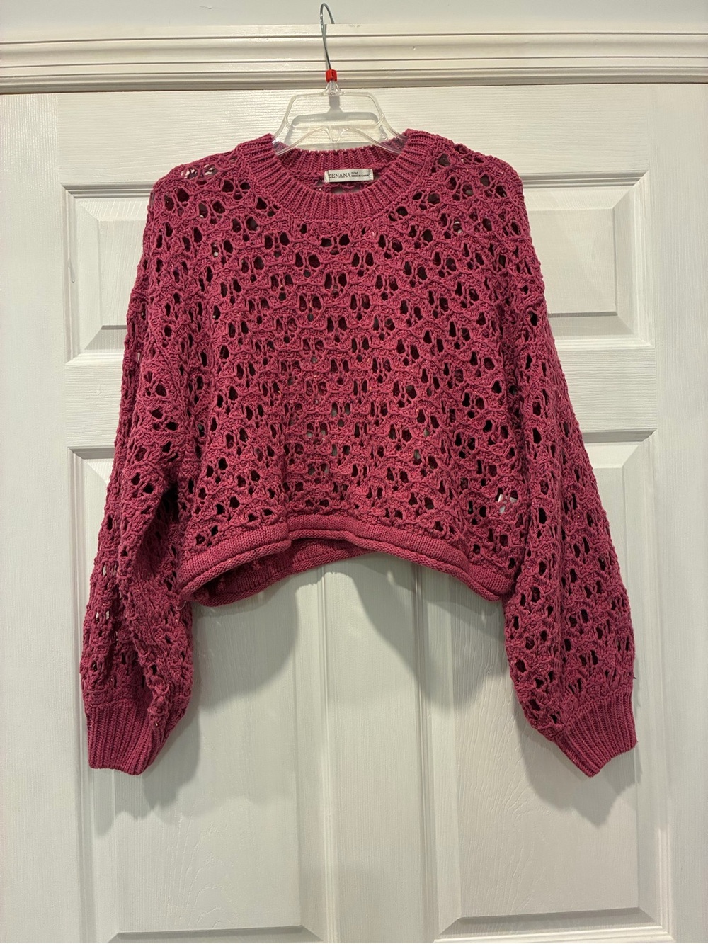 Zenana Outfitters Openwork Crochet Crewneck Sweater - Rose